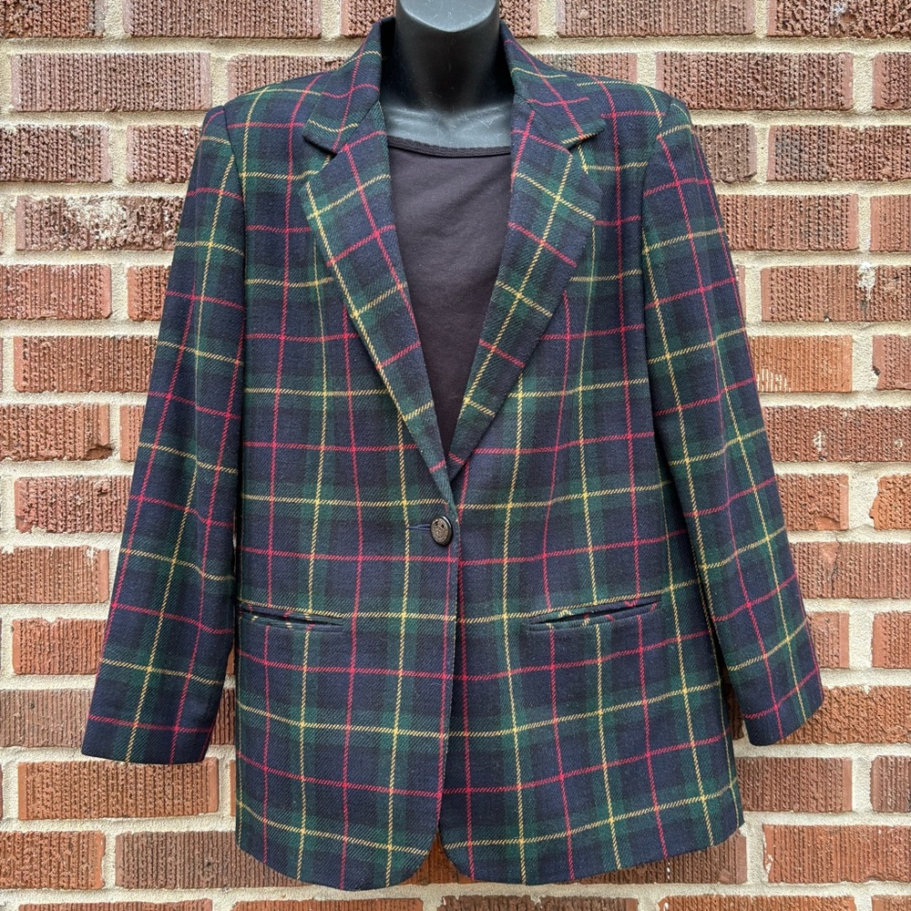 SAG HARBOR Women’s Sz 8 Wool Blend Vintage Green Red Black Plaid Blazer